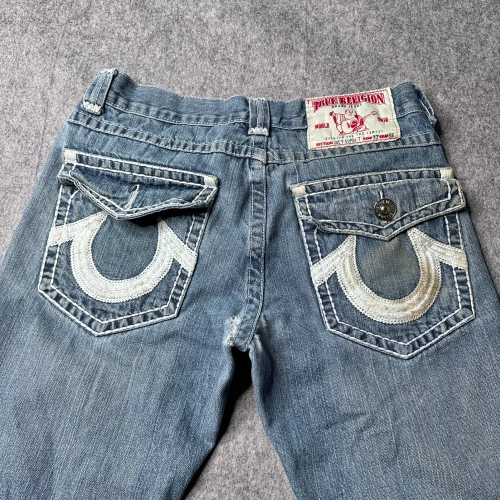 True Religion Joey Super T Mens 32 Blue Wash Straight Leg Jeans USA Made FLAW